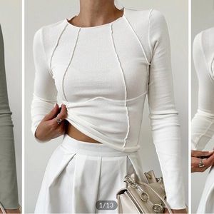 Commense Basic Piping Long Sleeve Top White Small
